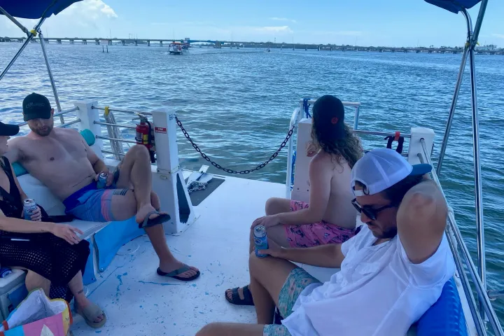 a group of people sitting at a beach