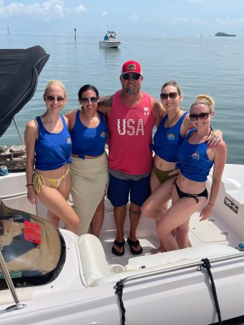 a group of people on a boat posing for the camera