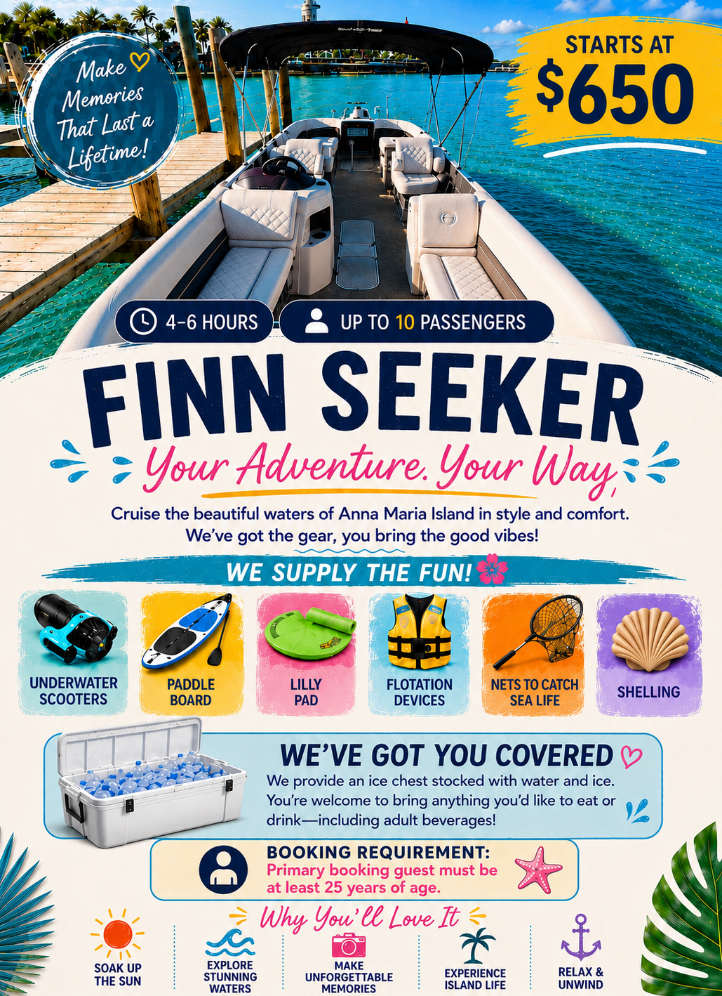 Boat rental ad with prices, activities, and booking details; focus on fun and relaxation.